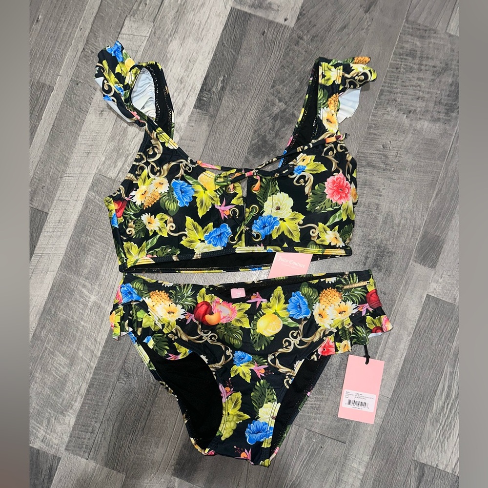 NWT Juicy Couture Black Fruit & Floral Bikini Set L
